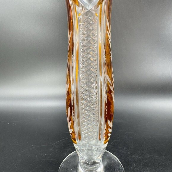 Vintage Czech Bohemian Glass Crystal Vase Vessel Amber Etching Floral Decor Vase - Picture 11 of 16